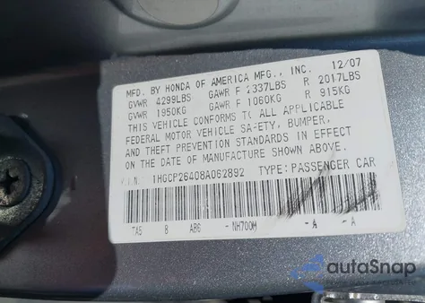 2008 Honda Accord 2.4 Lx-P z USA, uszkodzony, nr VIN 1HGCP26408A062892